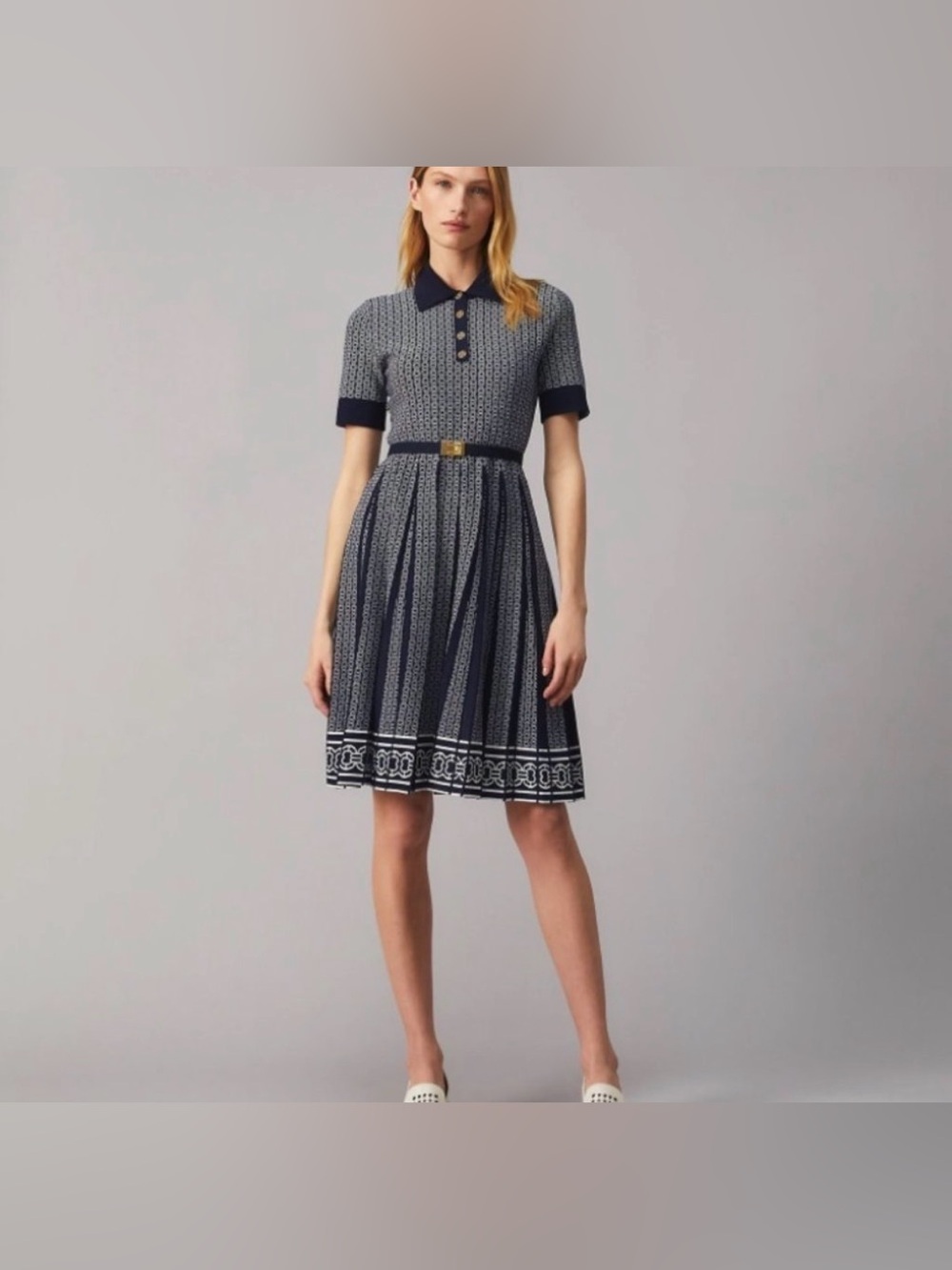 Tory Burch Navy and White Knit Polo Pleated Dress